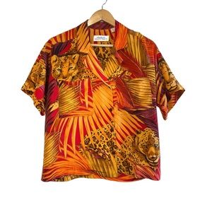 Vintage Leopard Silk Button Down Linda Allard for Ellen Tracy Oversized fit Sz 4